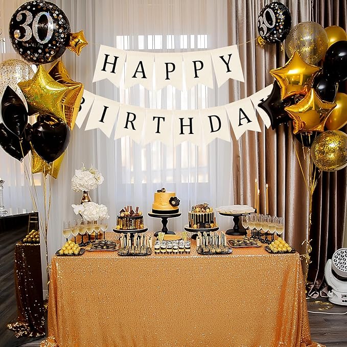 Domeny Happy Birthday Burlap Banner Boho Birthday Bunting Banner Black Bohemian Birthdays Bunting Garland Rustic White Birthday Party Hanging Garland for Women Men Birthday Kid Photo Backdrop