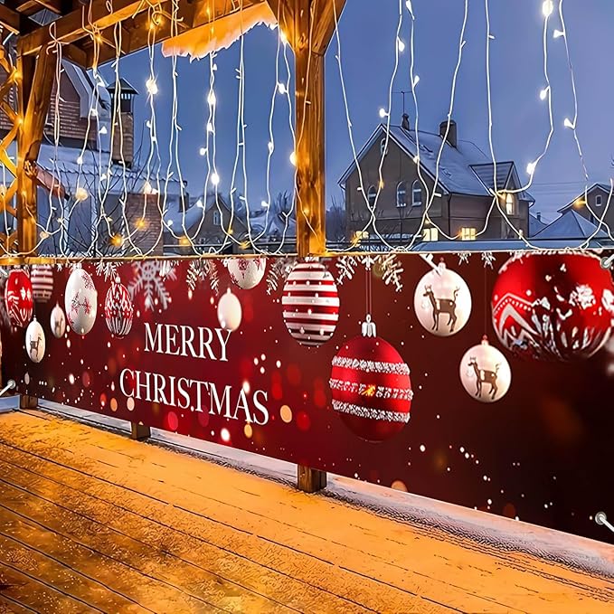 Merry Christmas Decorations Banner Polyester Fabric Ornaments Tree Branches Glitter Design for Indoor Outdoor Garden Fence Banner Outdoor Porch sign 118x20 Inch Party Supplies