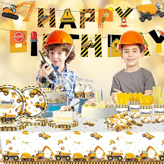 194Pcs Construction Plates Birthday Party Supplies Decorations Serve 24 | Includes Napkins Cups Tablecloth and Banner | Boys Construction Themed Birthday Party