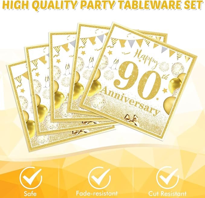 41PCS Golden Birthday Party Decorations 90th Party Tableware Set 1936 90th Theme Birthday Party Table Decoration Supplies Cheers to 90 Years Paper Plate Napkin Tablecloth for Party Anniversary