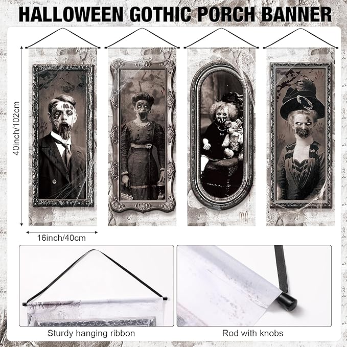 Panelee 4 Pcs Halloween Gothic Banner 3D Changing Face Moving Portrait Banner Decorations Halloween Horror Scary Porch Sign Backdrop for Indoor Outdoor Haunted Wall Hanging Decor