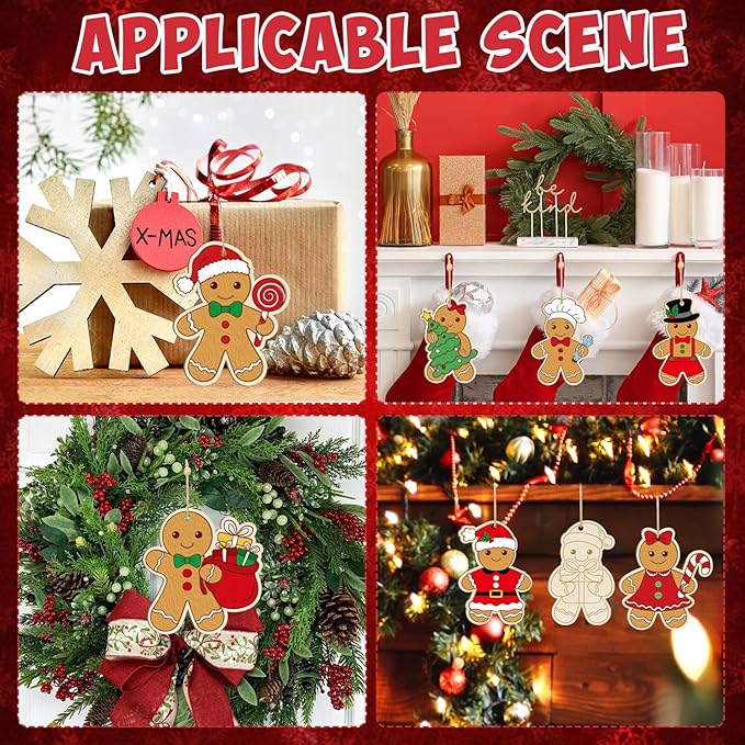 36PCS Wooden Christmas Ornaments to Paint, 12 Styles DIY Blank Unfinished Wood Gingerbread Man Cutouts Ornament for Crafts Winter Hanging Decorations