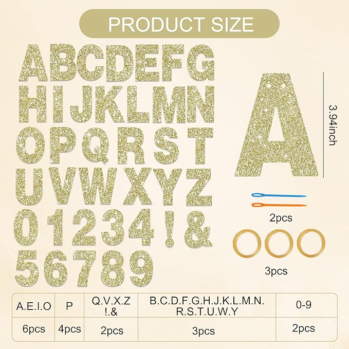 BEISHIDA 116 PCS A-Z DIY Letter Banner Kit Make Your Own Banner Glitter Champagne Including 111 Letters and Numbers 3 Rope and 2 Threading Device,Customized for Birthday Graduation Wedding Party Decor