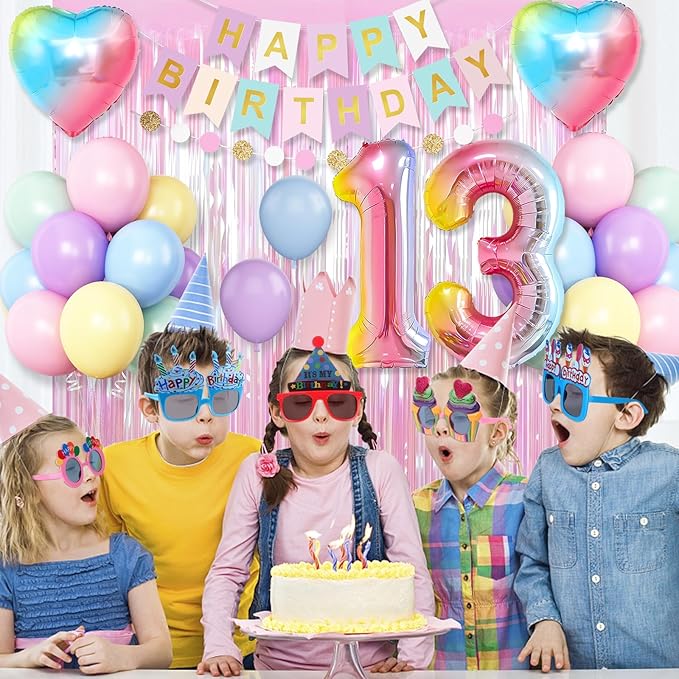 13th Birthday Decorations Rainbow,Gradient Number 13 Balloon,Pastel Happy Birthday Banner Fringe Curtain Heart Foil Balloons Boys Girls 13 Year Old Decor