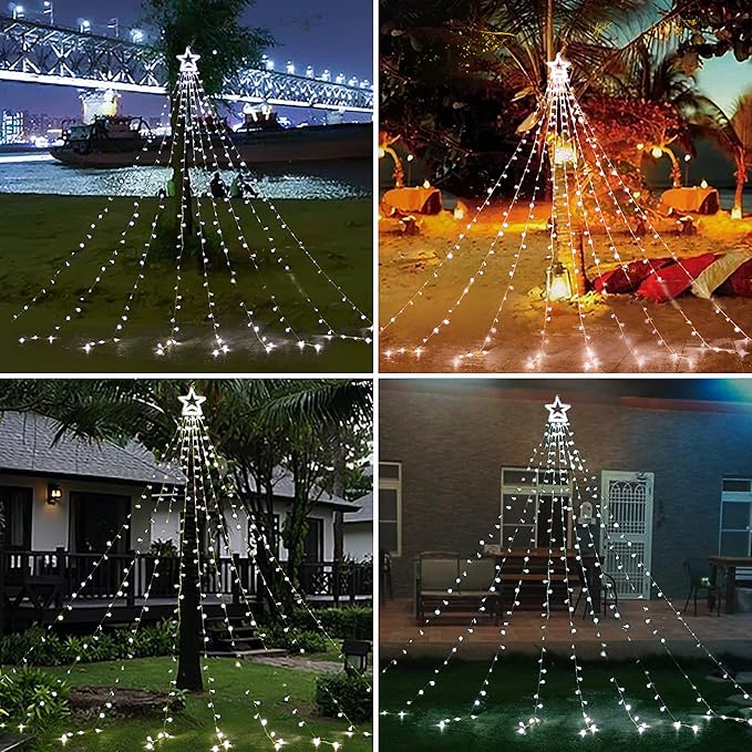 Christmas Decorations Star String Lights, 320 LEDs Outdoor Waterfall Tree Lights with 13" Topper Star, Plug in Waterproof Hanging Fairy Lights for Xmas New Year Holiday Party Yard Decor