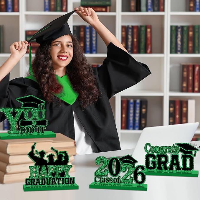 4Pcs Graduation Decorations Class of 2025 Wood Table Centerpieces Congrats Grad Wooden Sign Graduation Table Toppers Congratulate Tiered Tray Decor for 2025 Graduation Party(Green-Black)