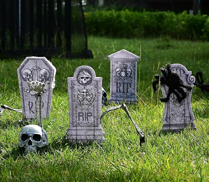 Maxee 4 Pcs 16.2" Halloween Tombstones Decoration with 1 Green Remote Lights(8 Light Modes), 2 Blue Lights(3 Modes), Plastic RIP Grave Yard Signs with 8 Stakes for Grave, Outdoor Garden, Party Decor