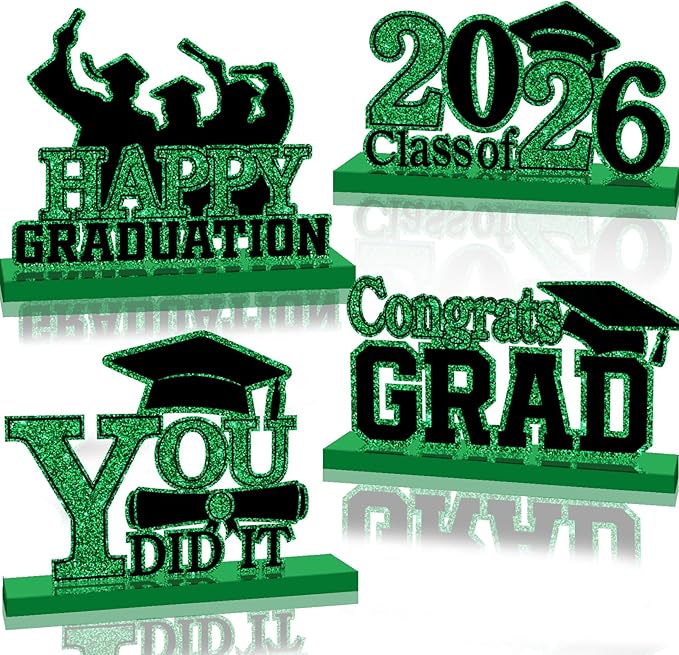 4Pcs Graduation Decorations Class of 2025 Wood Table Centerpieces Congrats Grad Wooden Sign Graduation Table Toppers Congratulate Tiered Tray Decor for 2025 Graduation Party(Green-Black)
