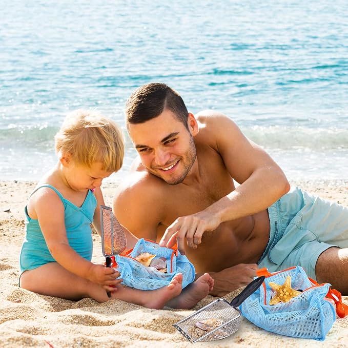 Vodolo 2 PCS Beach Mesh Shovel with 2 PCS Mesh Beach Bag for Filter Sand, Kids Shell Collecting Scooper for Picking Up Shells, Shark Tooth Sifter for Boys and Girls, Beach Toy