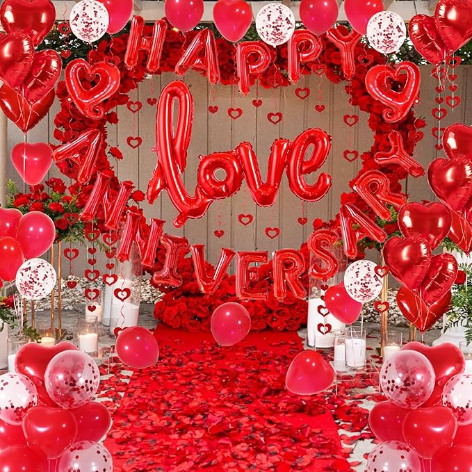 Happy Anniversary Decorations with Red Happy Anniversary Banner, Heart Balloons, Love Balloon, Silk Rose Petals and Heart Hanging Decor for Valentines Day, Wedding, Bridal Shower Decorations