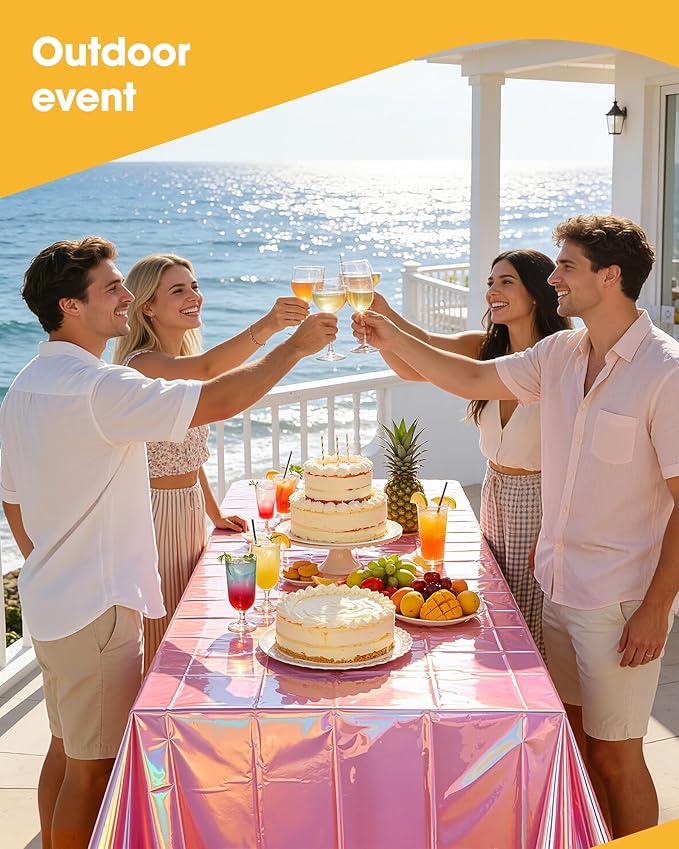 Iridescent Pink Plastic Table Cloth - 4 Pack 54" × 108" Rectangle Disposable Tablecloths for 6FT Tables, Table Cover for Party, Holiday & Gathering Use