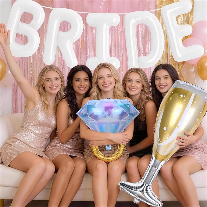40inch White Bride Balloons Bachelorette, Bride To Be Bridal Shower Balloon Diamond Ring Champagne Glass Foil Balloon for Bachelorette Bridal Shower Engagement Wedding Hen Night Room Party Decorations
