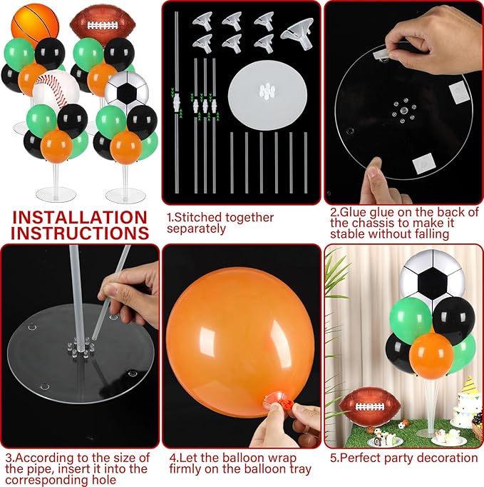 4 Sets Sports Party Balloons Stand Kit with Basketball Football Baseball Foil Balloons Sports Theme Party Balloon Centerpiece for Christmas Winter Tables Game Themed Birthday Baby Shower Decorations