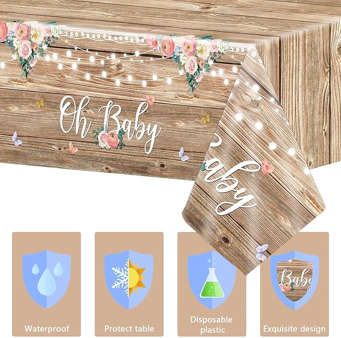 Tevxj 3 Pieces Wood Baby Shower Tablecloth Oh Baby Lace Rustic Floral Party Plastic Table Covers for Girl and Boy Floral Theme Party Decorations Supplies 54X108inch