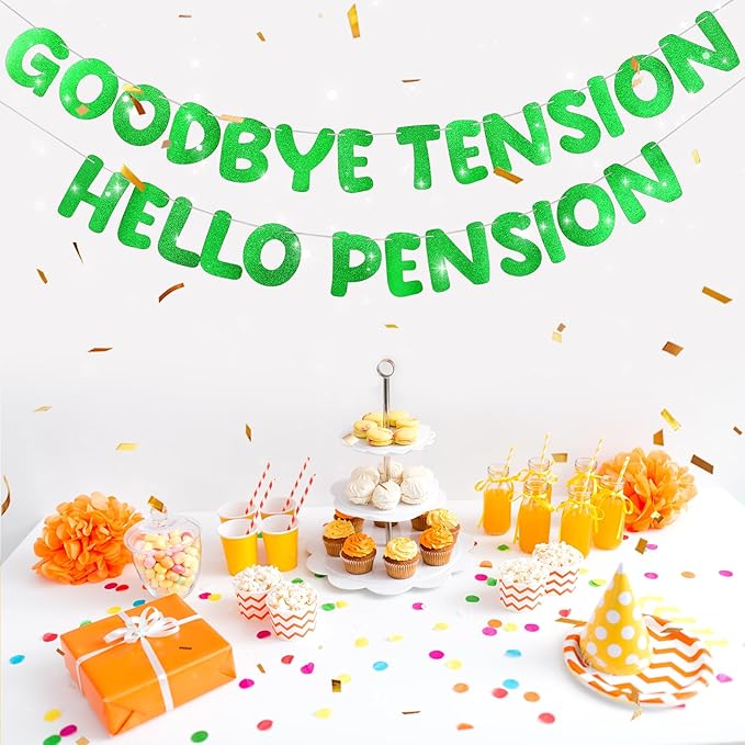 Retirement Banner Pre-Strung GOODBYE TENSION HELLO PENSION Banner Glitter Retirement Party Supplies Decorations for Women Men Office Home Decor (Green)