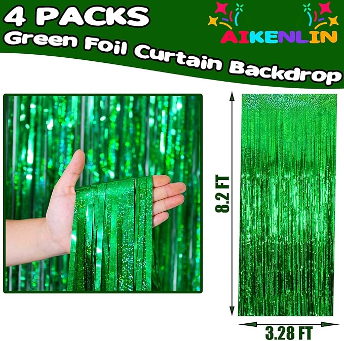 4 Pack 3.2Ft x 8.2Ft Green Foil Fringe Curtain Backdrop, Metallic Tinsel Foil Fringe Streamers Curtains Background for Photo Booth, Birthday, Wedding, Disco, Bachelorette, Christmas Party Decoration
