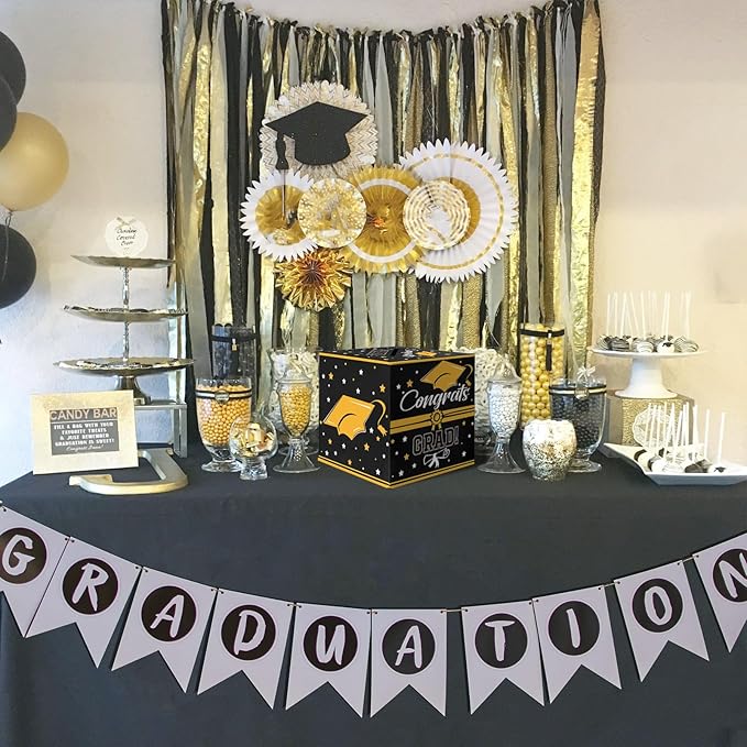 Graduation Card Box, Graduation Party Decorations 2025, Black Graduation Box, Graduation Card Holder, Foldable Cardboard Congrats Grad Card Gift Box for Graduation Party Supplies Party Favors