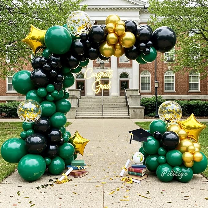 Double Stuffed Dark Green Black Gold Balloon Arch Kit - 104Pcs Emerald Green Balloon Garland with Gold Star Foil Balloons for Graduation 2026, Birthday, Wedding, Baby Shower, Jungle Party Decorations