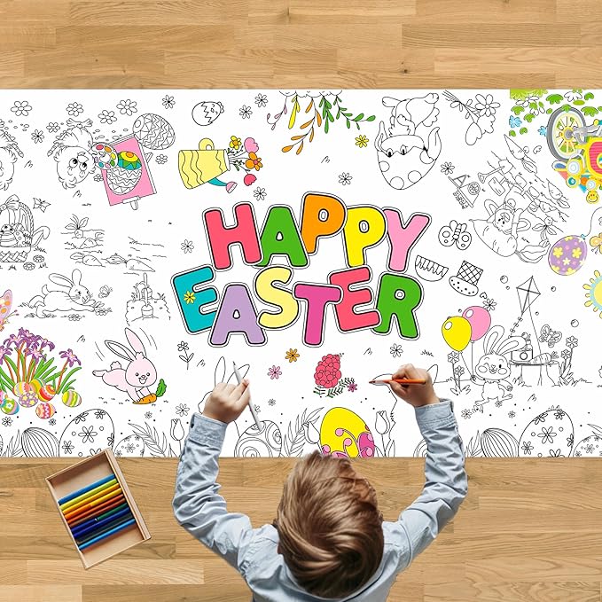 Tbsone Easter Coloring Tablecloth Poster, 72x30 Inch Spring and Easter Paper Crafts for Kids, Games Activities Party Decorations
