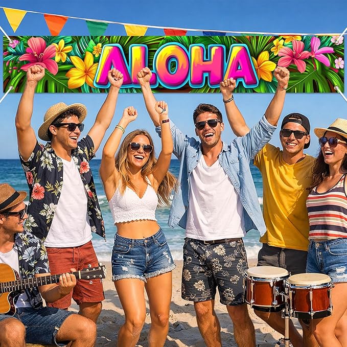 Aloha Backdrop Banner Hello Summer Hawaiian Tropical Theme Supplies Outdoor Banner 118 x 20 inch Party Backdrop Decorations Photo Booth Props Summer Supplies Large Yard Sign