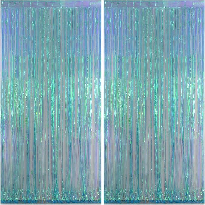 Melsan Iridescent Blue Fringe Backdrop Party Streamer Decorations - 3.2 x 6.5 ft Tinsel Backdrop Foil Curtains for Gender Reveal Under The Sea Ocean Theme Birthdays Parties - 2 Packs