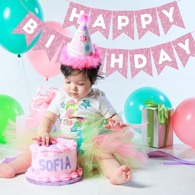 Hooqict Happy Birthday Banner Pink Birthday Decorations for Girls Women 1st 2nd 3rd 13th 21th 30th Pink Party Banner Garland Sign Party Supplies Wall Porch Door Hanging Decor