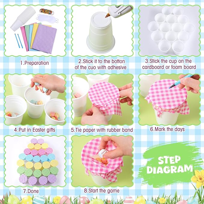 Capoda 60 Pack Easter Punch Game Set Easter Egg DIY Prize Punch Box Game Include 60 Pcs 16oz Plastic Cups 60 Sheet Tissue Paper Pens Blindfolds and 160 Pcs Rubber Bands for Outdoor Indoor Family Party