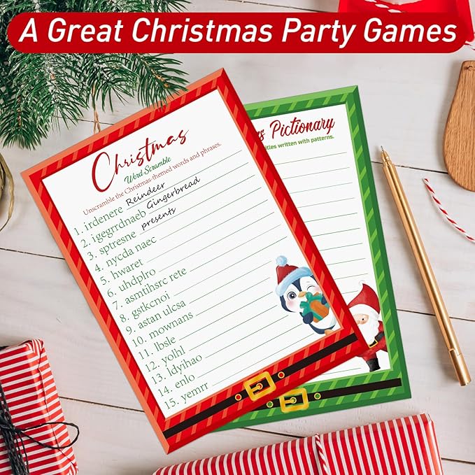 COCHIE 30 Players Christmas Party Games for Adults Family Office Large Groups, Xmas Parties Songs Pictionary Game, Guesstures Game, Word Scramble Games with Answer Key (Santa & Penguin)