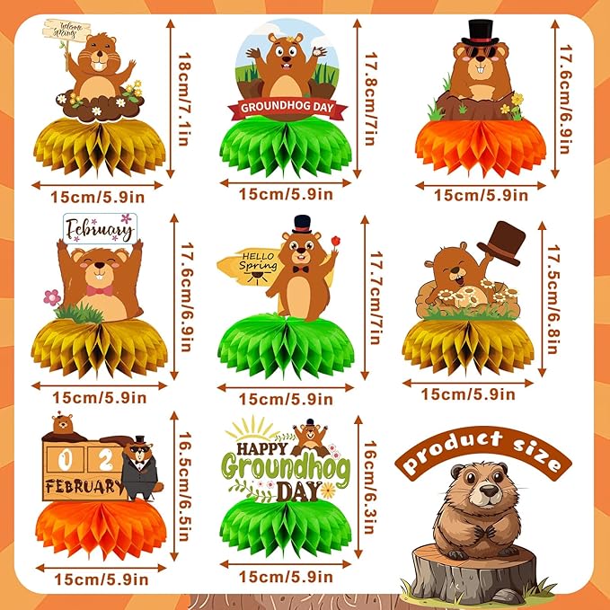 JULMELON 8PCS Groundhog Day Party Decorations Honeycomb Centerpieces, Happy Groundhog Day Party Centerpieces for Tables Groundhog Day Party Decor Supplies for Weather Forecast Spring February