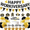 Roetyce Work Anniversary Party Decorations, Black Gold Happy Workiversary Banner Cake Topper Balloons Hanging Swirls, Work Anniversary Backdrop Background for Employee Coworker Office Party Supplies