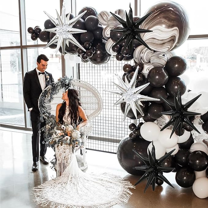 6PCS Silver Black Star Balloons, 22Inch Large Star Balloon Foil Balloons Spike Cone Balloon for Birthday Anniversary New Years Party Decorations
