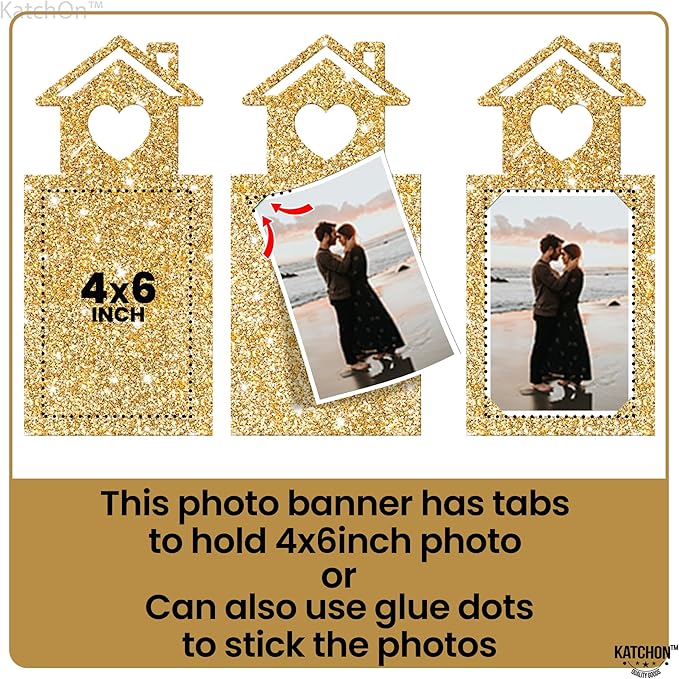 KatchOn, Gold Glitter Engaged Photo Banner - 2 String, 10 Feet, No DIY | Gold Engagement Party Decorations | Engagement Photo Banner for Bachelorette Party Decorations | She Said Yes Decorations
