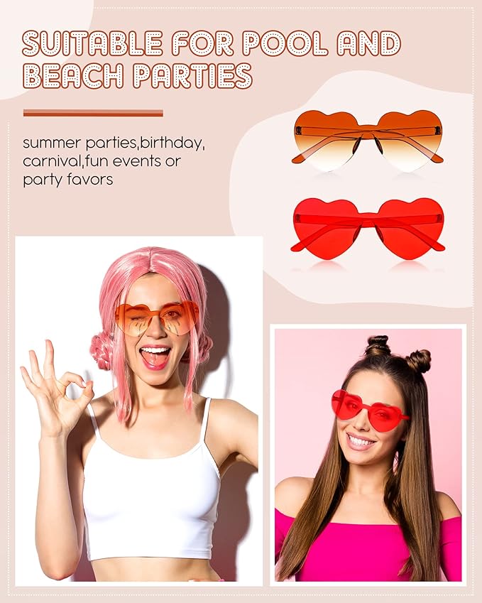 Frienda 20 Pairs Heart Shaped Sunglasses Rimless Candy Color Glasses for Women Men Party Favor