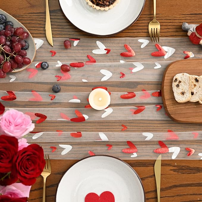 Artoid Mode Red Heart Gauze Table Runner 120 Inch 10FT,Glitter Metallic Foil Valentine’s Day Sheer Dining Anniversary Wedding Table Decor for Home Party