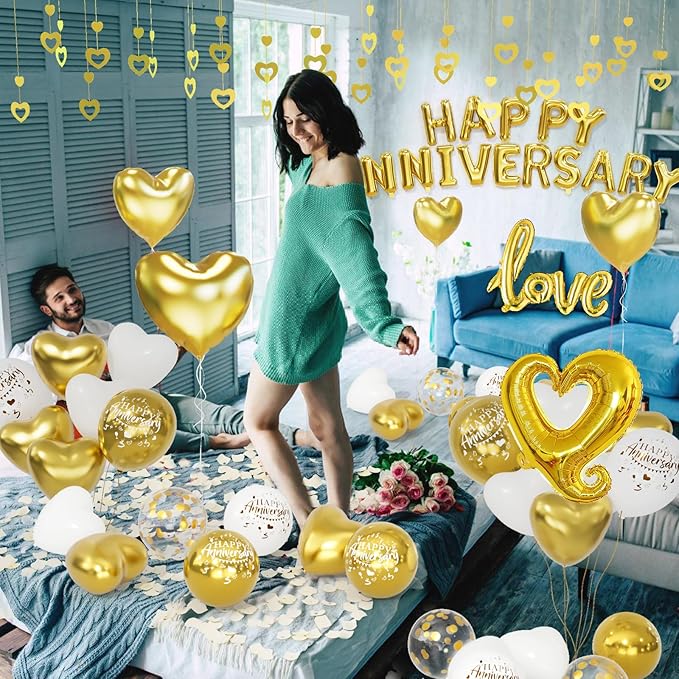 Gold and White Anniversary Party Decorations, Happy Anniversary Banner, Gold and White Heart Balloons, Love Foil Balloon, Heart Hanging String for Valentines Day Birthday Wedding