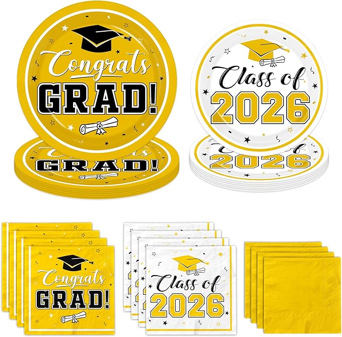 Graduation Party Plates and Napkins Yellow Class of 2026 Grad Congrats Party Supplies Disposable Dessert Paper Plates Cocktail Napkins forGraduation Party Decorations,Serve 50