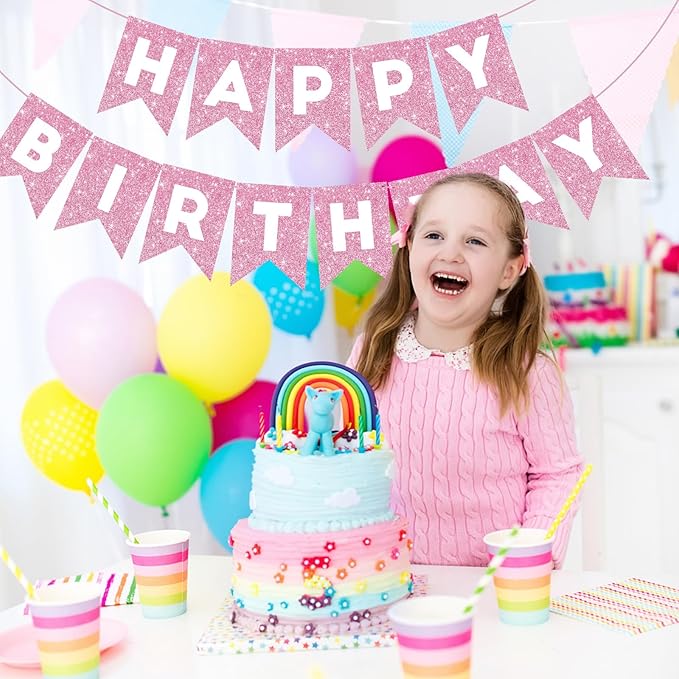 Hooqict Happy Birthday Banner Pink Birthday Decorations for Girls Women 1st 2nd 3rd 13th 21th 30th Pink Party Banner Garland Sign Party Supplies Wall Porch Door Hanging Decor