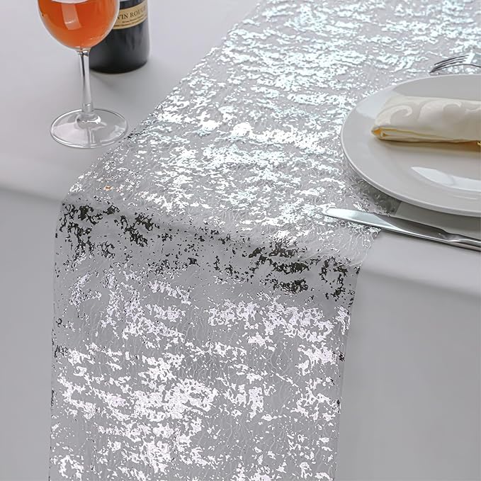 Snowkingdom Silver Table Runner, Sequin Glitter Foil Metallic Runner 11 Inch x 100 Feet, Silver Mesh Table Decorations Centrepiece for Wedding Birthday Party Christmas