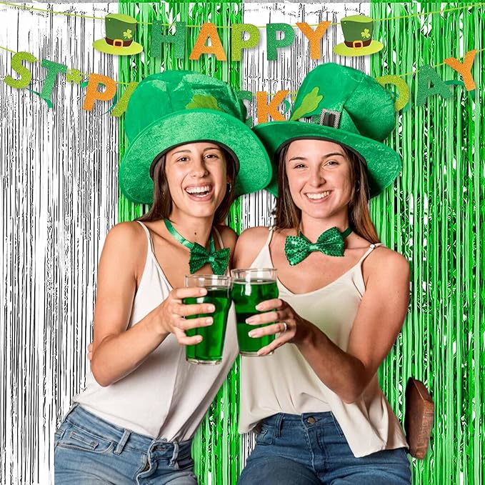 6 Pack Silver Green Foil Fringe Curtains Backdrop, 3.28 x 8.2 Ft Metallic Streamers Tinsel Curtains Background for Photo Booth, Birthday, Christmas, Halloween, Thanksgiving, New Year Party Decorations