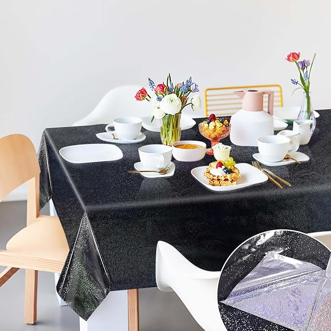 2 Pack Black Iridescent Plastic Tablecloth Disposable 54 × 108 Inch Glitter Holographic Foil Table Cloth Plastic Laser Rectangle Table Cover for Birthday Wedding Disco Party