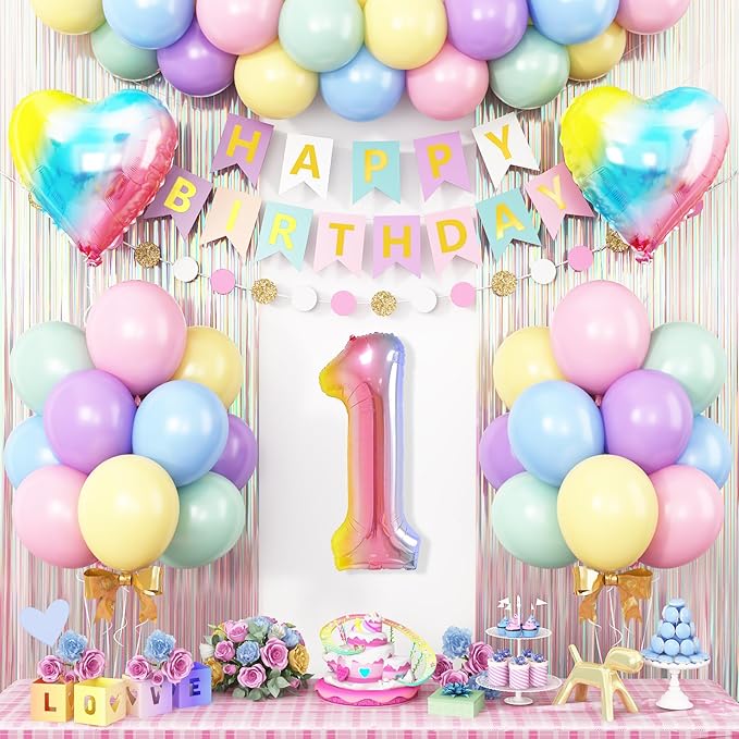 1st Birthday Decorations Rainbow,Gradient Number 1 Balloon,Pastel Happy Birthday Banner Fringe Curtain Heart Foil Balloons Boys Girls First Birthday Decor