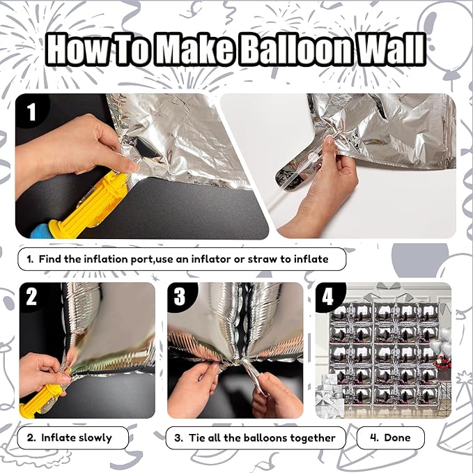 36PCS Square Foil Balloon Wall Backdrop,19 inch Double-Sided Metallic Balloons for Party,Wedding,Anniversary,Birthday,Graduation,Halloween,Shiny Balloon Decor (Sliver)