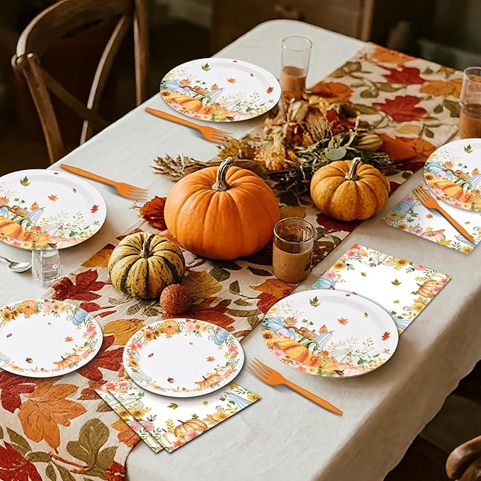 96 Pieces Thanksgiving Fall Plates and Napkins Tableware Set, Colorful Pumpkin Maple Disposable Dinnerware with Paper Plates, Napkin, and Fork for Thanksgiving Autumn Harvest Party Supplies- Serves 24