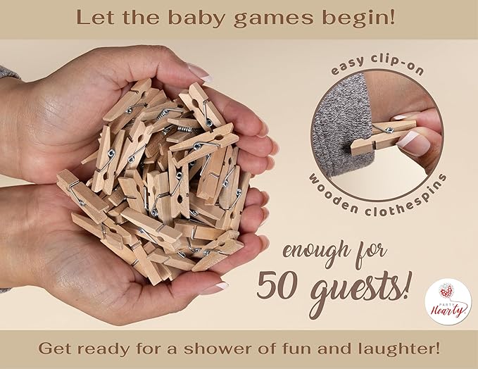 Party Hearty Baby Shower Games for Girl & Boy, Don't Say Baby Game,1 Sign and 50 Mini Natural Clothespins, Shower Game Ideas