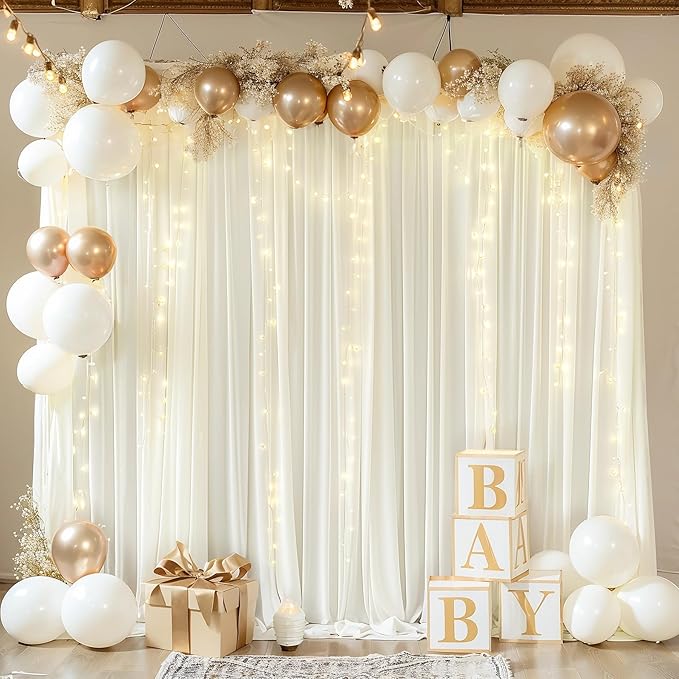 20x10FT Cream White Backdrop Curtains with Lights for Parties,Wrinkle Free Wedding Photo Backdrop Curtains for Baby Shower Birthday Ceremony Reception Home Party Decorations-5ft x 10ft,4 Panels
