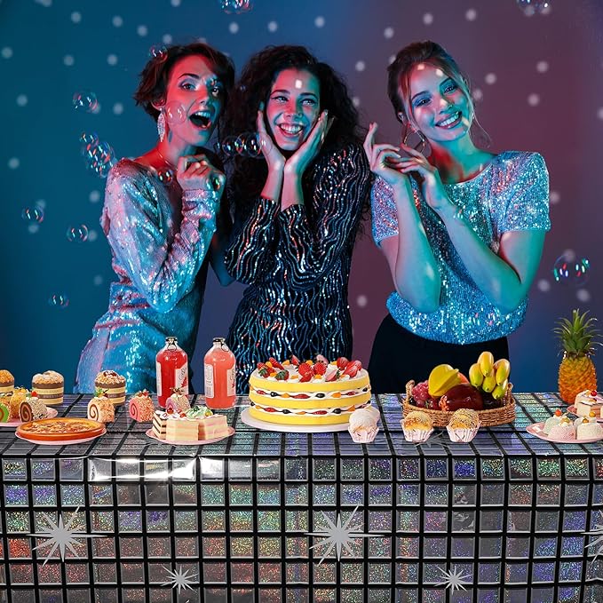 FunnyPars 1 Pack Disco Tablecloth Party Decorations, Shiny Iridescent Disposable Laser Rectangle Table Covers, Silver Plastic Table Cloth for 70s Disco Birthday Theme Party Decorations, 39 x 108Inch
