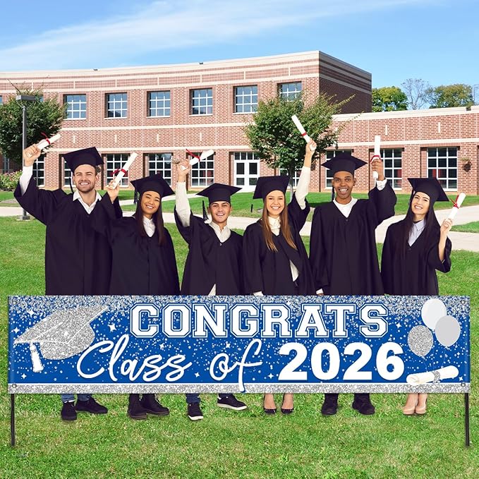 Large Congrats Grad Banner Light Blue Class of 2026 Banner Backdrop 2026 Yard Sign for Graduation Party Supplies Graduation Decorations 2026 (Light Blue)