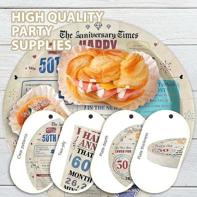 96Pcs 50th Anniversary Party Decorations Retro 50 Years Plates and Napkins 50th Anniversary Disposable Tableware Set for Vintage 50 Year Wedding Company Party Supplies Serves 24