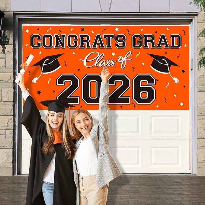 2026 Graduation Party Plastic Backdrop - 65" x 32.7" Congrats Grad Banner in Orange, Large Class of 2026 Decorations, Photography & Grad Party Supplies