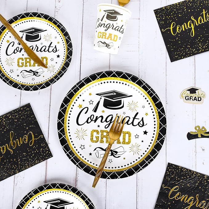 Whaline 175Pcs Graduation Party Supplies, Paper Plates and Napkins Set , 25 Guests Congrats Grad Disposable Tableware Set Include Paper Plate Napkin Cup Knife Fork Spoon for Grad Table Decor